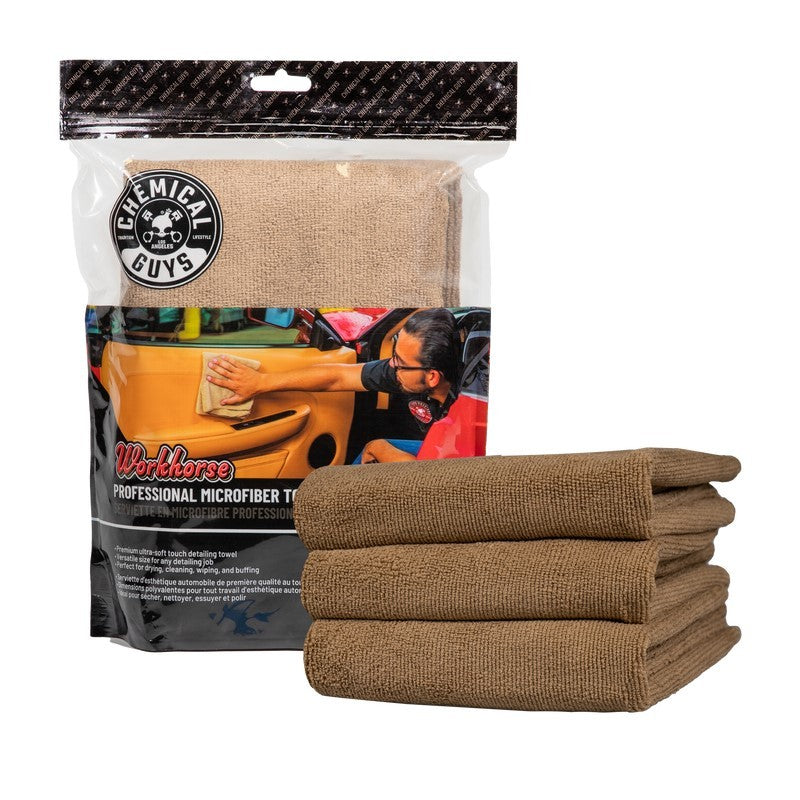 Chemical Guys Workhorse Professional Microfiber Towel - 16in x 16in - Tan - 3 Pack