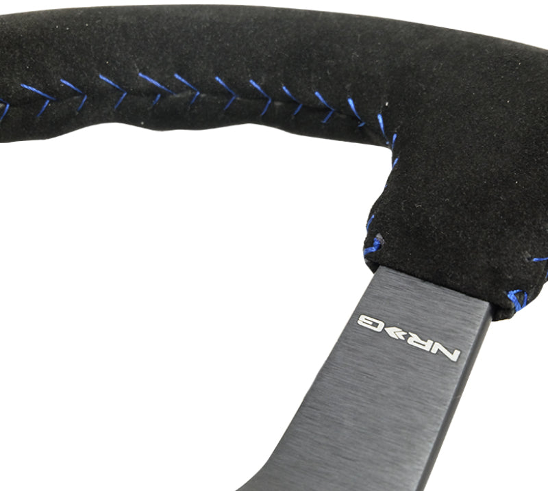 NRG Reinforced Steering Wheel (350mm / 3in. Deep) Blk Suede/Blue BBall Stitch w/5mm Matte Blk Spokes