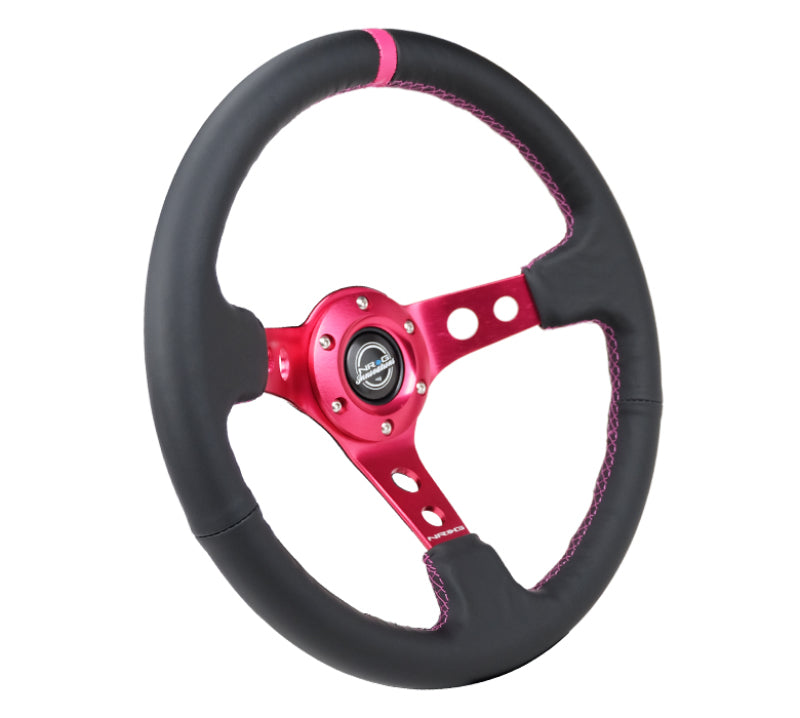 NRG Reinforced Steering Wheel (350mm/3in. Deep) Black Leather/ Fushia Center Mark/ Fushia Stitching