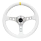 NRG Reinforced Steering Wheel (350mm / 3in. Deep) Wht Leather w/Silver Spoke & Single Yellow Mark