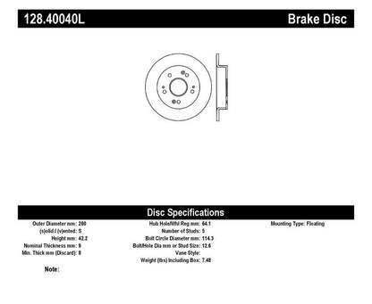 StopTech 06-07 Acura CSX (Canada) / 06-09 Honda Civic / 97-01 Prelude Drilled Left Rear Rotor