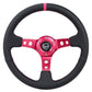 NRG Reinforced Steering Wheel (350mm/3in. Deep) Black Leather/ Fushia Center Mark/ Fushia Stitching