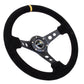 NRG Reinforced Steering Wheel (350mm / 3in. Deep) Blk Suede w/Circle Cut Spokes & Single Yellow CM