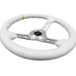 NRG Reinforced Steering Wheel (350mm / 3in. Deep) Wht Leather w/Silver Spoke & Single Yellow Mark